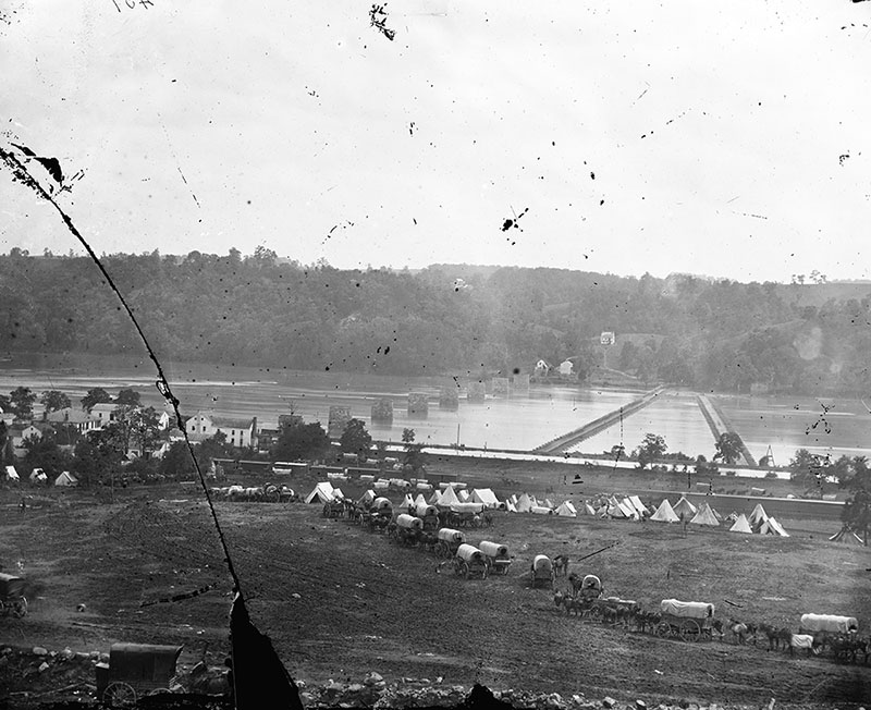  Pontoon bridge and ruins of the stone bridge. Photograph from the main eastern theater of the war, Battle of Antietam, September-October 1862.